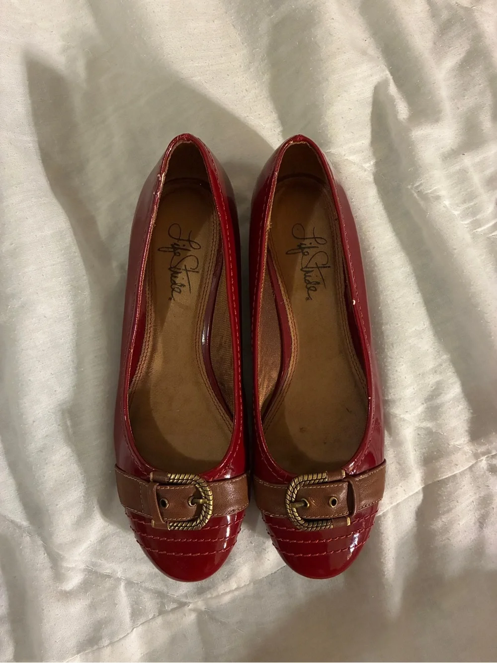 Joan & David Red Patent Leather Flats with Brown Buckle Accent